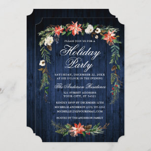 Invitation Aquarelle Poinsettia Blue Wood