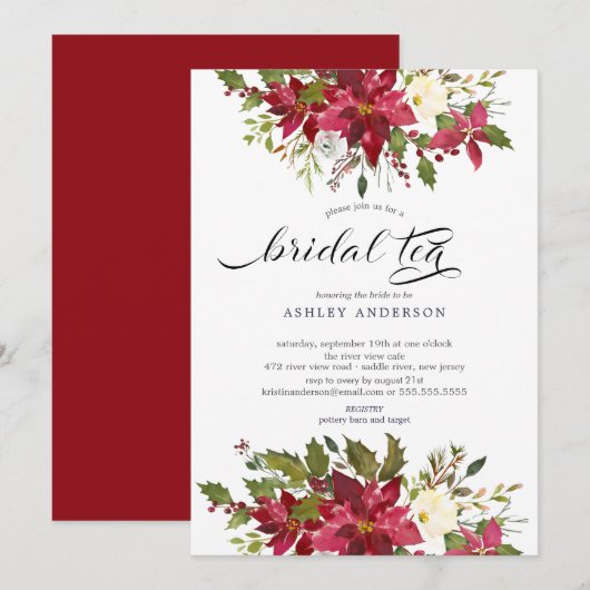 Invitation Aquarelle Poinsettia Fête de l'mariée Bride Thé (Devant / Derrière)