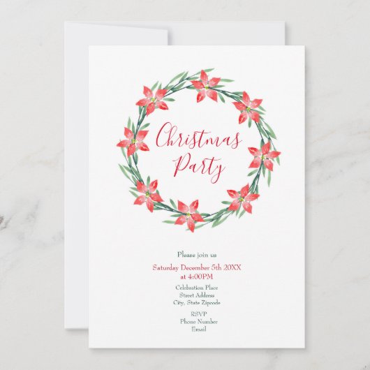 Invitation Aquarelle Poinsettia Feuille Wreath (Devant)