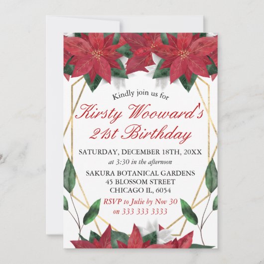 Invitation Aquarelle Poinsettia Fleurs Noël Anniversaire (Devant)