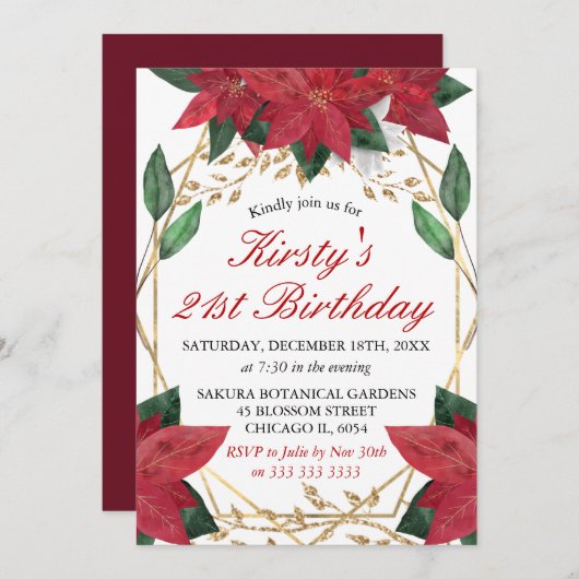 Invitation Aquarelle Poinsettia Fleurs Noël Anniversaire (Devant / Derrière)