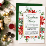 Invitation Aquarelle Poinsettia Floral Green Noël Party<br><div class="desc">Elégante aquarelle Poinsettia Floral Greenery Noël Invitation inclut poinsettias rouges,  eucalyptus feuilles,  cônes de pin,  aiguilles de pin,  coton,  baies sèches et autres belles verdure botanique d'hiver. Cadre Or. Retour vert.</div>