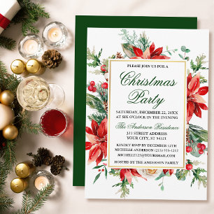 Invitation Aquarelle Poinsettia Floral Green Noël Party