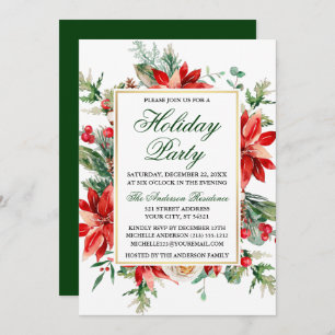 Invitation Aquarelle Poinsettia Floral Vert Fête