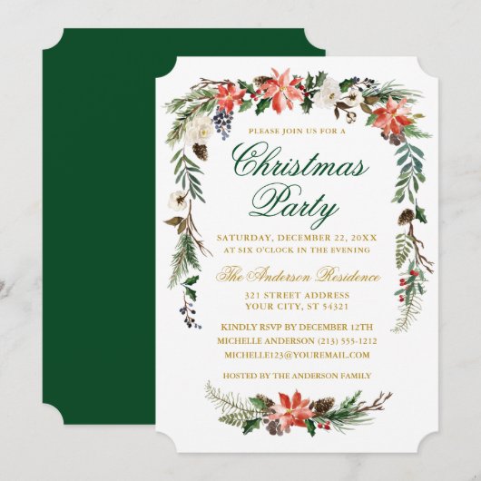Invitation Aquarelle Poinsettia Gold Green Noël (Devant / Derrière)