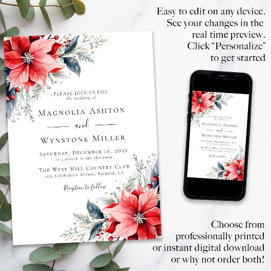 Invitation Aquarelle Poinsettia Mariage d'hiver