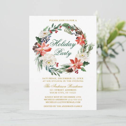 Invitation Aquarelle Poinsettia Wreath Green Fête (Debout devant)