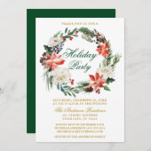Invitation Aquarelle Poinsettia Wreath Green Fête (Devant / Derrière)