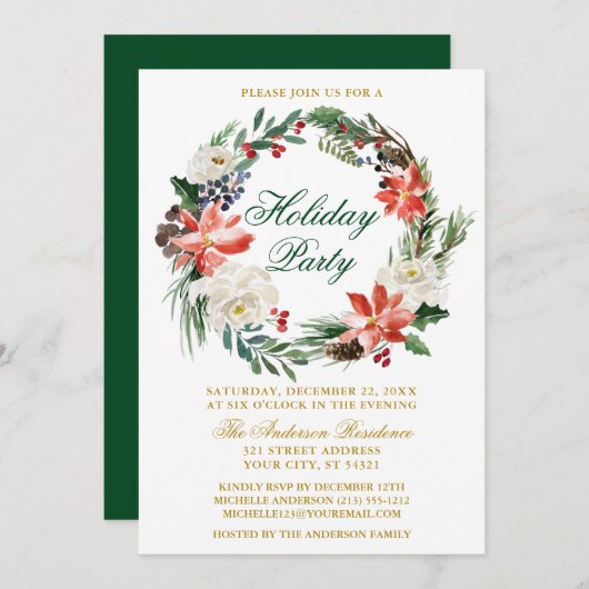 Invitation Aquarelle Poinsettia Wreath Green Fête (Devant / Derrière)