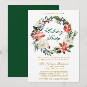Invitation Aquarelle Poinsettia Wreath Green Fête