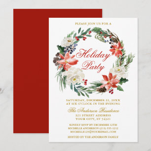 Invitation Aquarelle Poinsettia Wreath Rouge Fête