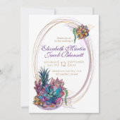Invitation Aquarelle pointillée Succulente, Mariage violet (Devant)