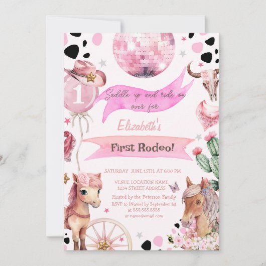 Invitation Aquarelle Pony Floral Rodeo Pois Anniversaire (Devant)