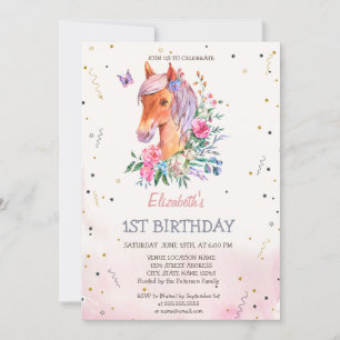 Invitation Aquarelle Pony Flowers Anniversaire