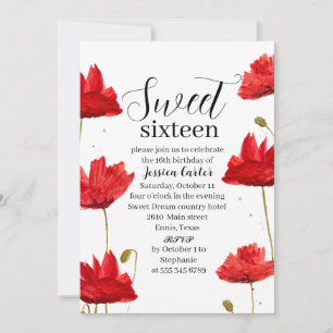 Invitation Aquarelle Poppy Poppies Sweet 16 Seize