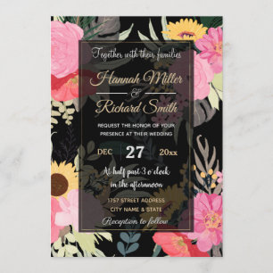 Invitation Aquarelle Poppy & Tournesol Floral Noir Design