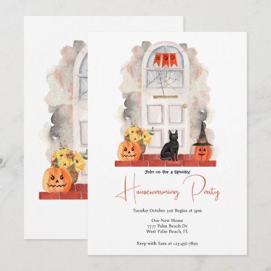 Invitation Aquarelle Porte avant Halloween Maison (Devant / Derrière)