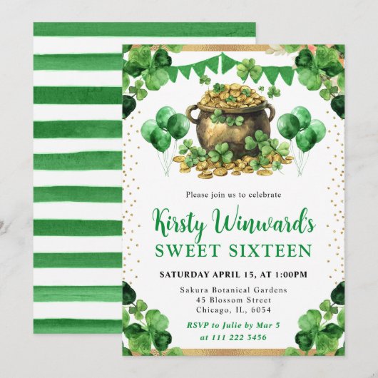 Invitation Aquarelle Pot d'or St Patrick's Sweet 16 (Devant / Derrière)