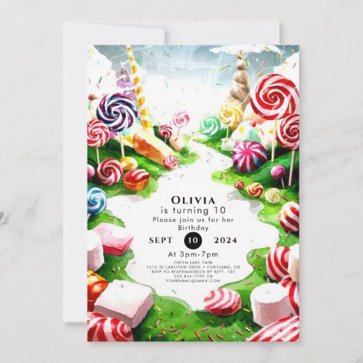 Invitation Aquarelle pour enfants Candyland Anniversaire (Devant)
