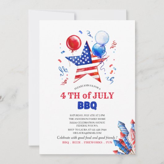 Invitation aquarelle pour le 4 juillet (Devant)