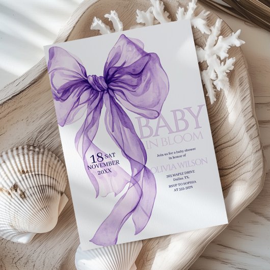 Invitation Aquarelle pourpre Bow bébé dans le Baby shower en