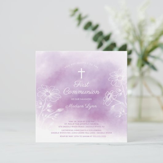 Invitation Aquarelle pourpre Première Communion sainte (Debout devant)