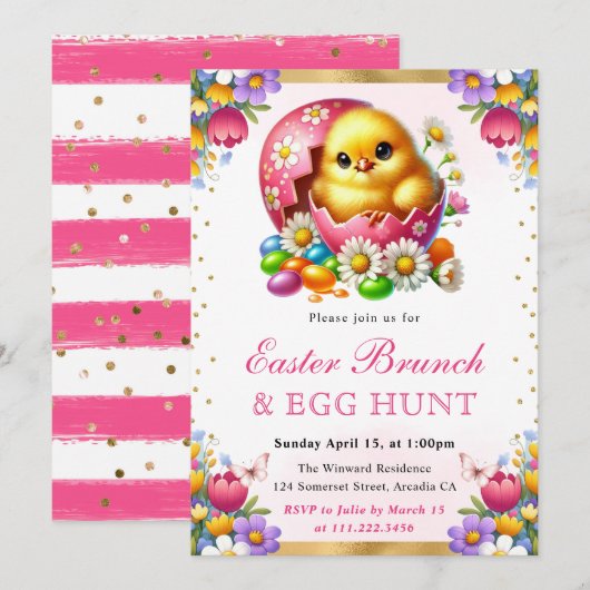 Invitation Aquarelle Poussin de printemps dans l'oeuf Brunch (Devant / Derrière)