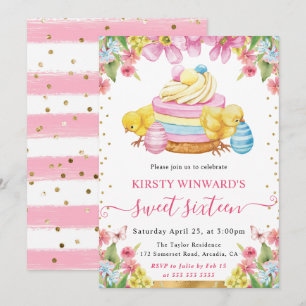 Invitation Aquarelle Poussins de Pâques et Gâteau Printemps S