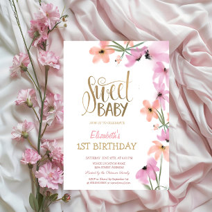 Invitation Aquarelle Pré rose Boho Fleurs Anniversaire