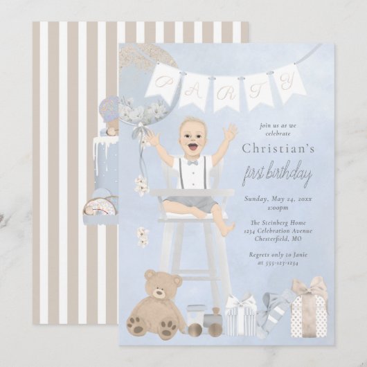 Invitation Aquarelle Premier anniversaire bébé en chaise haut (Devant / Derrière)