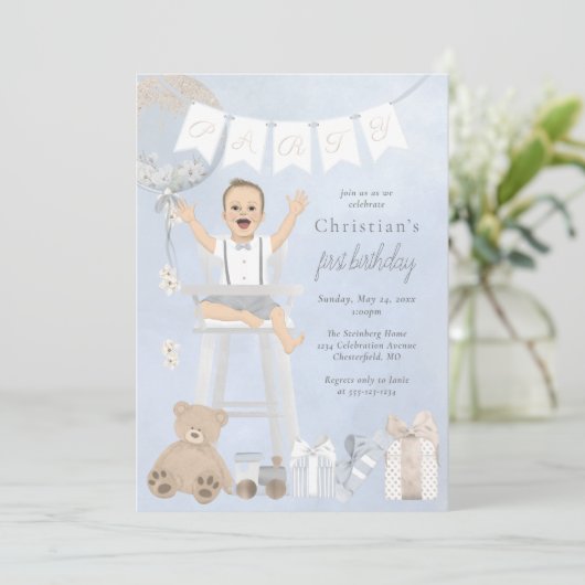 Invitation Aquarelle Premier anniversaire bébé en chaise haut (Debout devant)