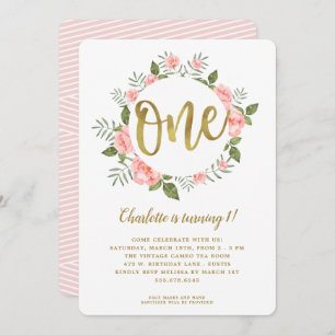 Invitation Aquarelle Premier anniversaire Or et rose Floral