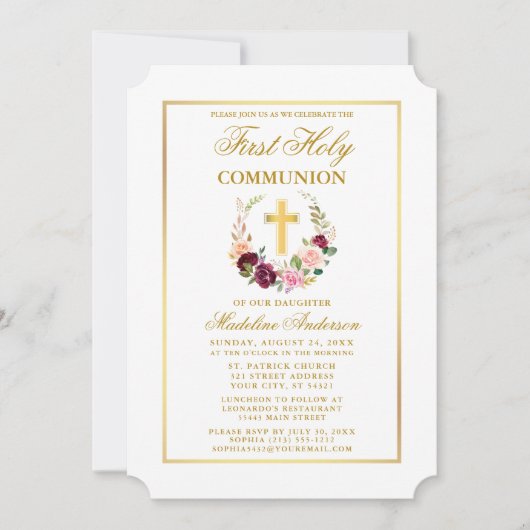 Invitation Aquarelle Première communion de la couronne floral (Devant)