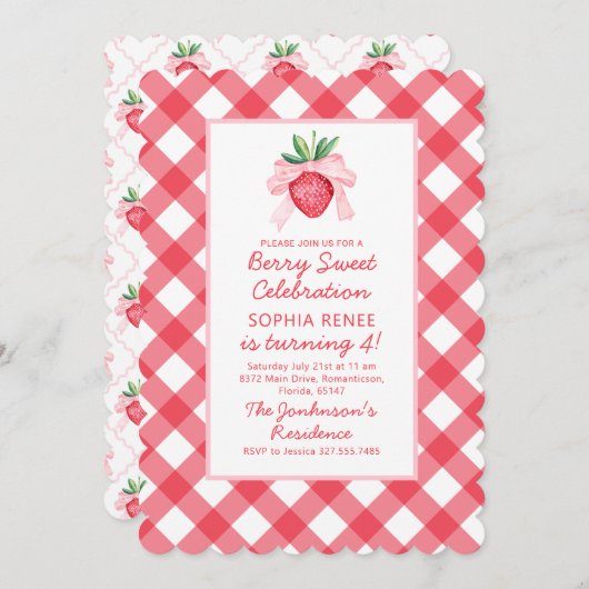 Invitation Aquarelle Preppy Fraises Berry Sweet (Devant / Derrière)