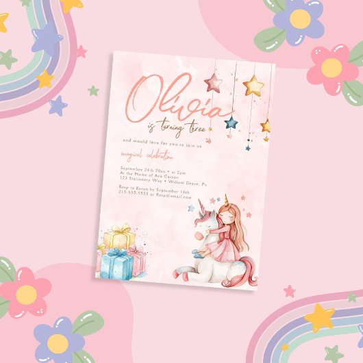 Invitation Aquarelle Princesse avec Unicorn Anniversaire