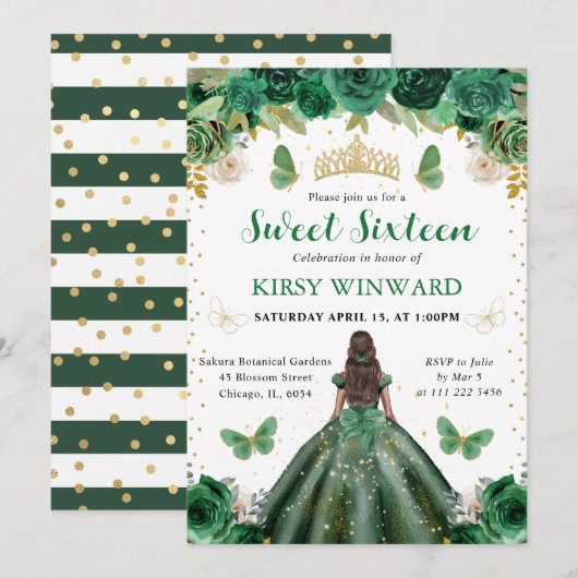 Invitation Aquarelle Princesse Sweet 16 Vert & Or (Devant / Derrière)