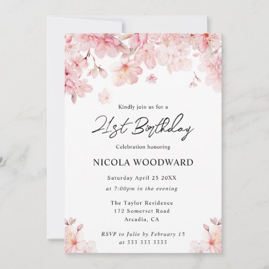 Invitation Aquarelle Printemps Fleurs de cerisiers 21e annive (Devant)