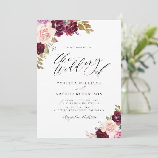 Invitation Aquarelle prune violet mariage floral (Debout devant)