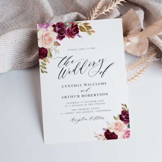 Invitation Aquarelle prune violet mariage floral