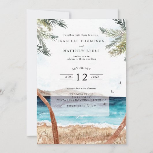 Invitation Aquarelle Punta Cana Plage tropicale Mariage (Devant)