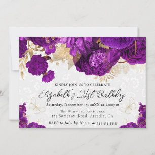 Invitation Aquarelle Purple and Gold Flowers 21e anniversaire