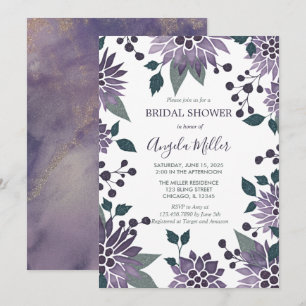 Invitation Aquarelle Purple Bling Floral Frame Fête des marié