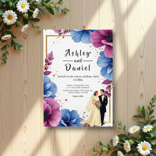 Invitation Aquarelle Purple Blue Flowers Mariage élégant