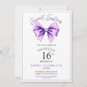 Invitation Aquarelle Purple Bow Sweet 16 Anniversaire (Devant)
