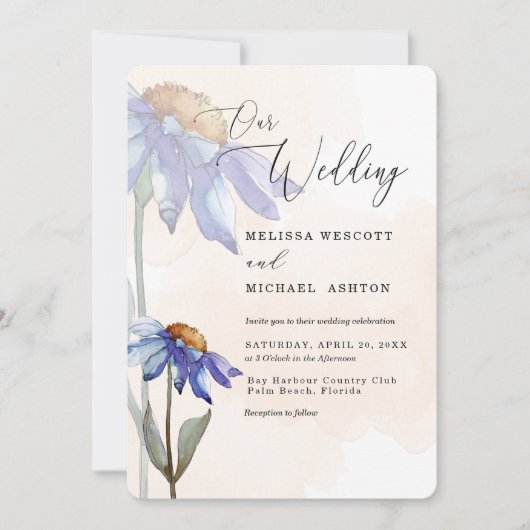 Invitation Aquarelle Purple Daisy Peach Rustique Mariage (Devant)