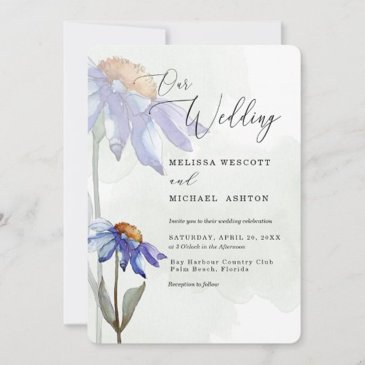 Invitation Aquarelle Purple Daisy Rustique Green Mariage (Devant)