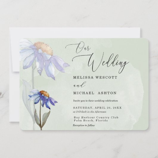 Invitation Aquarelle Purple Daisy Rustique Mariage Sage Green (Devant)