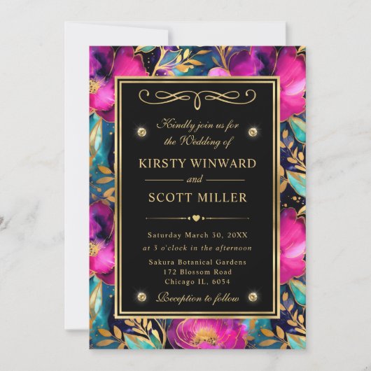 Invitation Aquarelle Purple et Fleurs Turquoises Mariage (Devant)