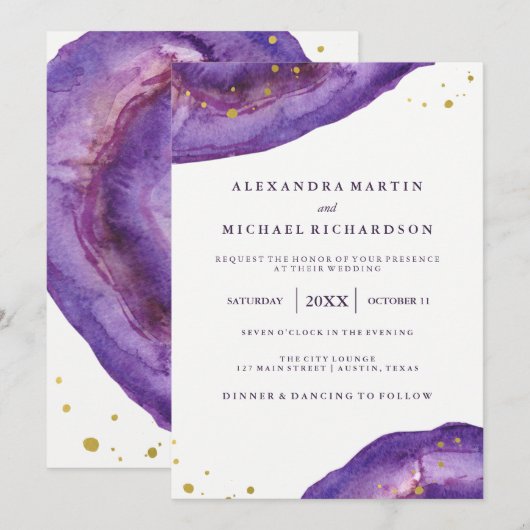Invitation Aquarelle Purple et Gold Geode Mariage II (Devant / Derrière)