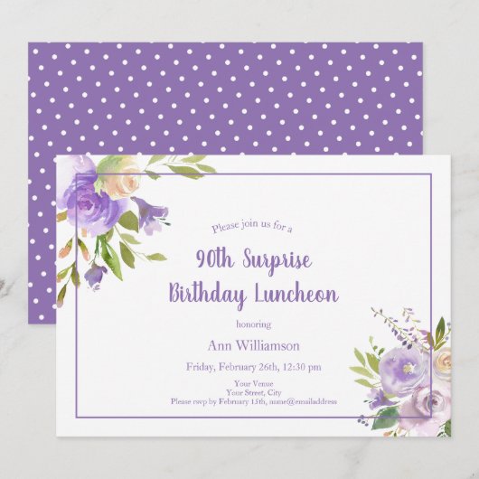 Invitation Aquarelle Purple Floral 90e Anniversaire surprenan (Devant / Derrière)